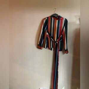 Colorful Striped High Neck Blouse with Sash Tie